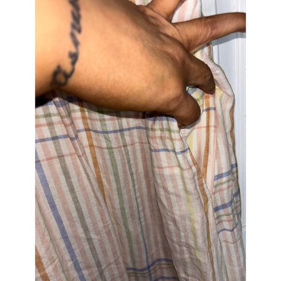 WOMEN'S CLARA PLAID LINEN BLEND MIDI DRESS IN MULTI STRIPE EMBROIDERY XS - Picture 4 of 5